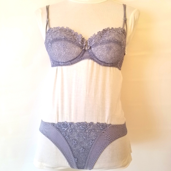 #914BG NWOT Authentic 32C Felina Lingerie Blue Lace Padded Bra, Matching S Thong - Picture 1 of 12